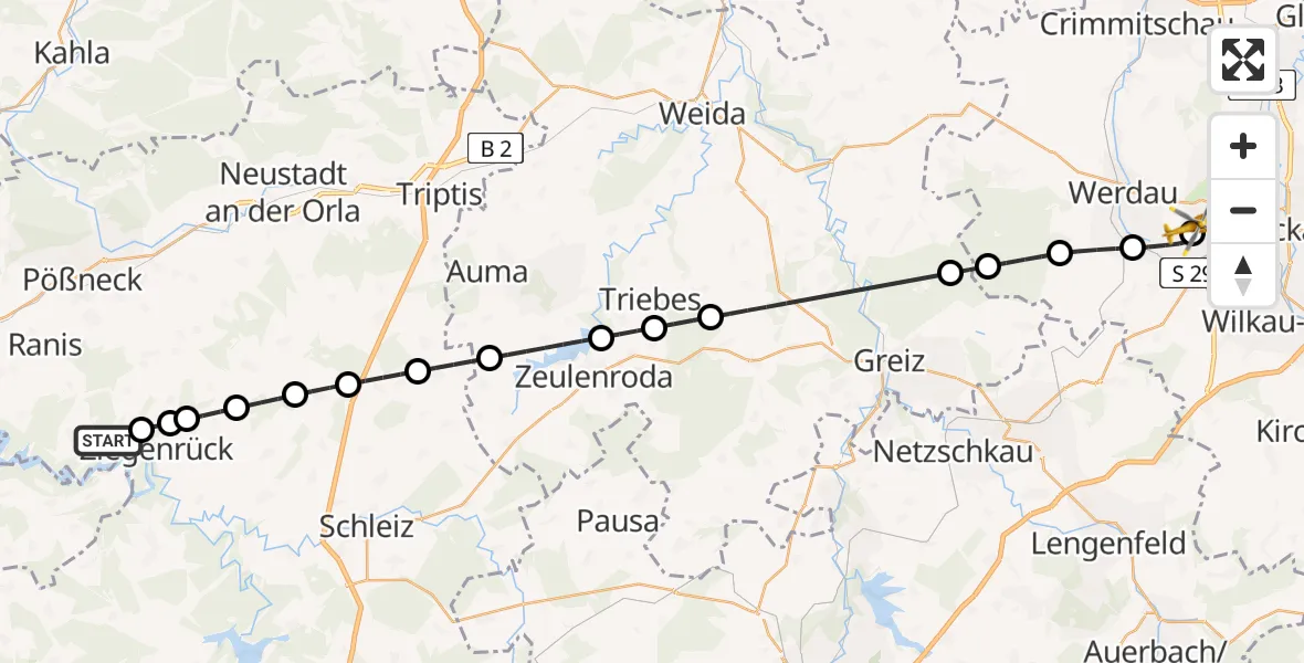 Flugroute Rettungshubschrauber Paska - ADAC Air Rescue Station Zwickau Hubschrauberlandeplatz, 10 Juni 2026, 17:07