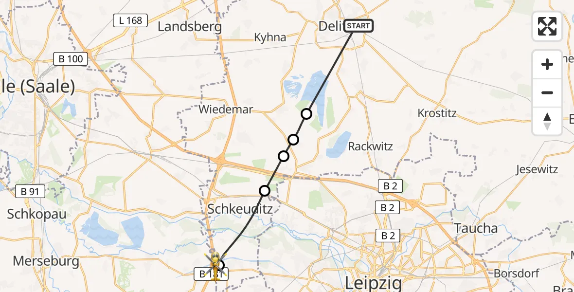 Flugroute Rettungshubschrauber Delitzsch - ADAC Air Rescue Station Leipzig/Schkeuditz-Dölzig Hubschrauberlandeplatz (Christoph 61), 10 Juni 2026, 17:15