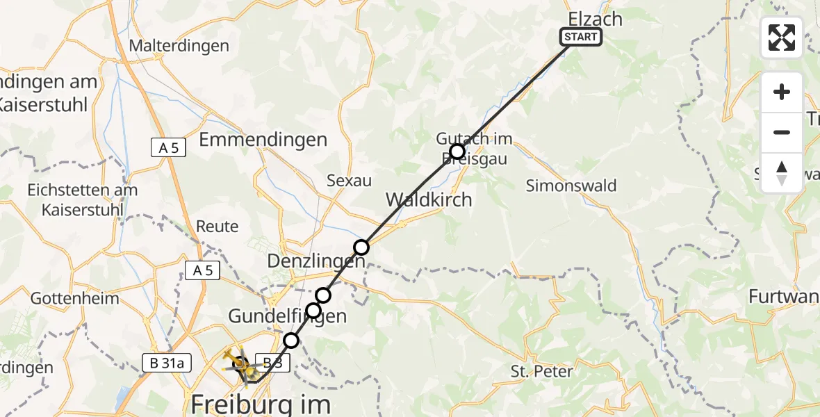 Flugroute Rettungshubschrauber Elzach - Freiburg im Breisgau Flugplatz, 10 Juni 2026, 17:16