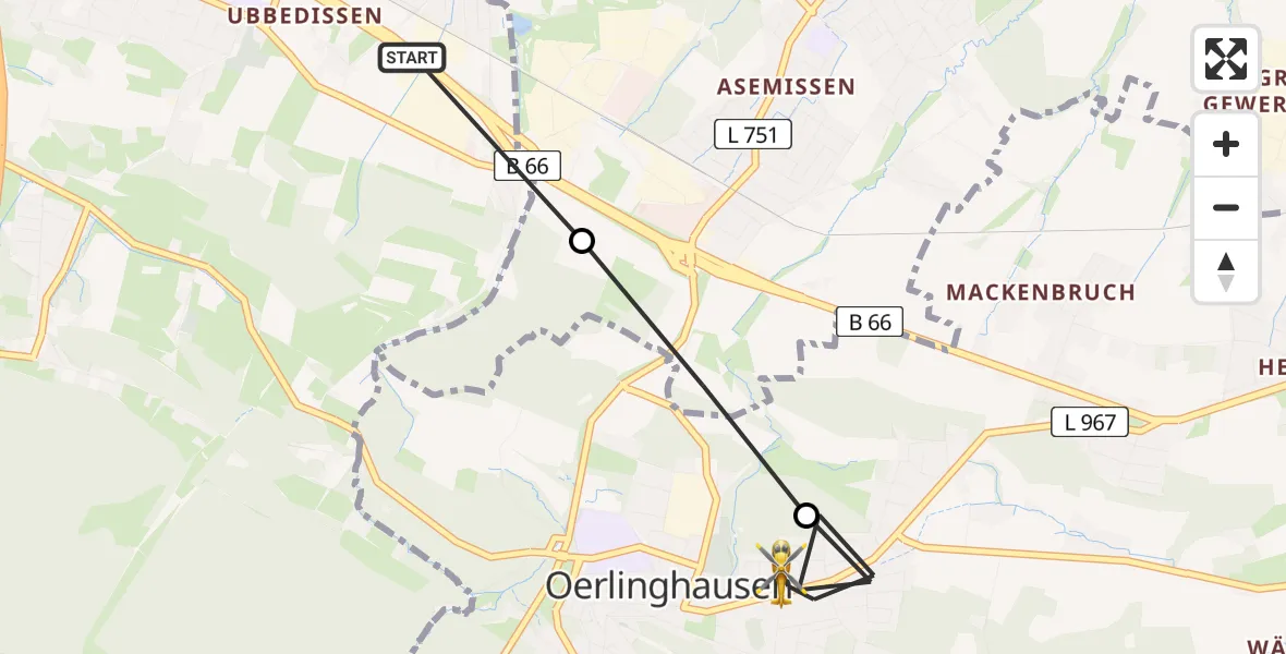 Flugroute Rettungshubschrauber Bielefeld - Oerlinghausen, 10 Juni 2026, 17:18