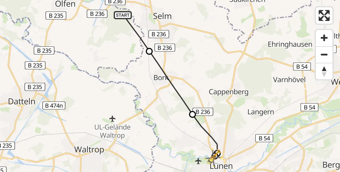 Flugroute Rettungshubschrauber Olfen - Sankt Marien Hospital, 10 Juni 2026, 17:23