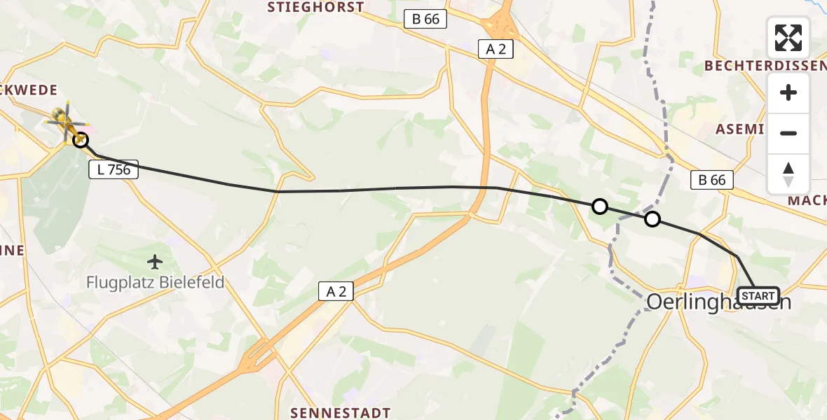 Flugroute Rettungshubschrauber Oerlinghausen - Luftrettungszentrum Bielefeld, 10 Juni 2026, 17:23