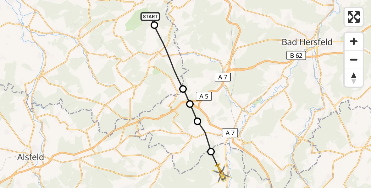 Flugroute Rettungshubschrauber Schwarzenborn - Schlitz, 10 Juni 2026, 17:23