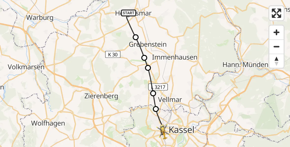 Flugroute Rettungshubschrauber Hofgeismar - Kassel, 10 Juni 2026, 17:26