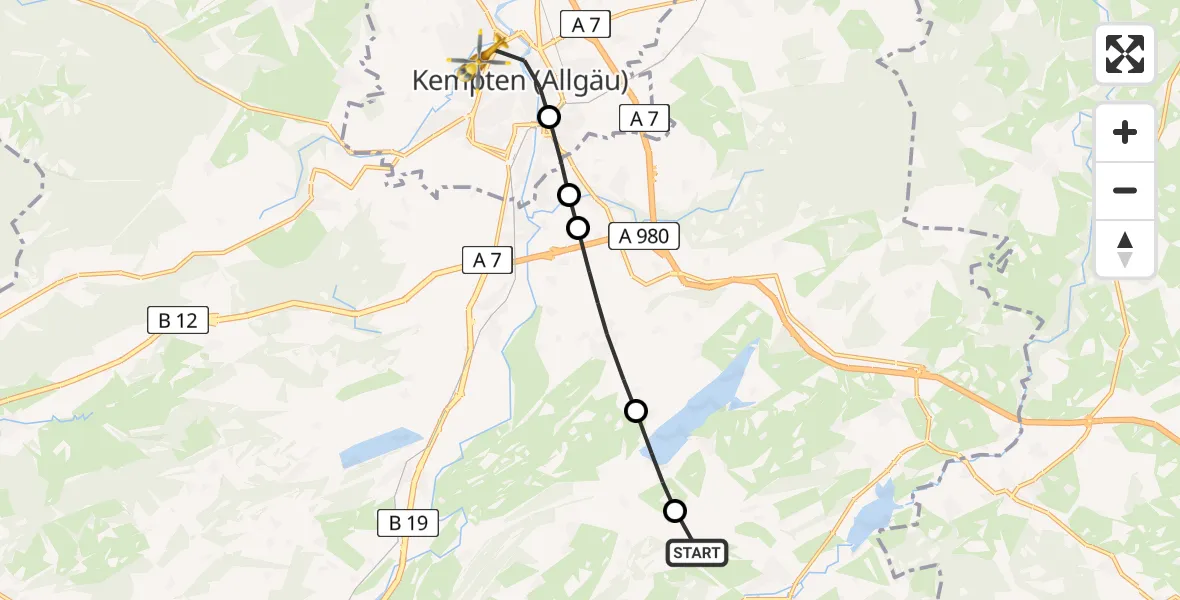 Flugroute Rettungshubschrauber Rettenberg - Kempten (Allgäu), 10 Juni 2026, 17:32