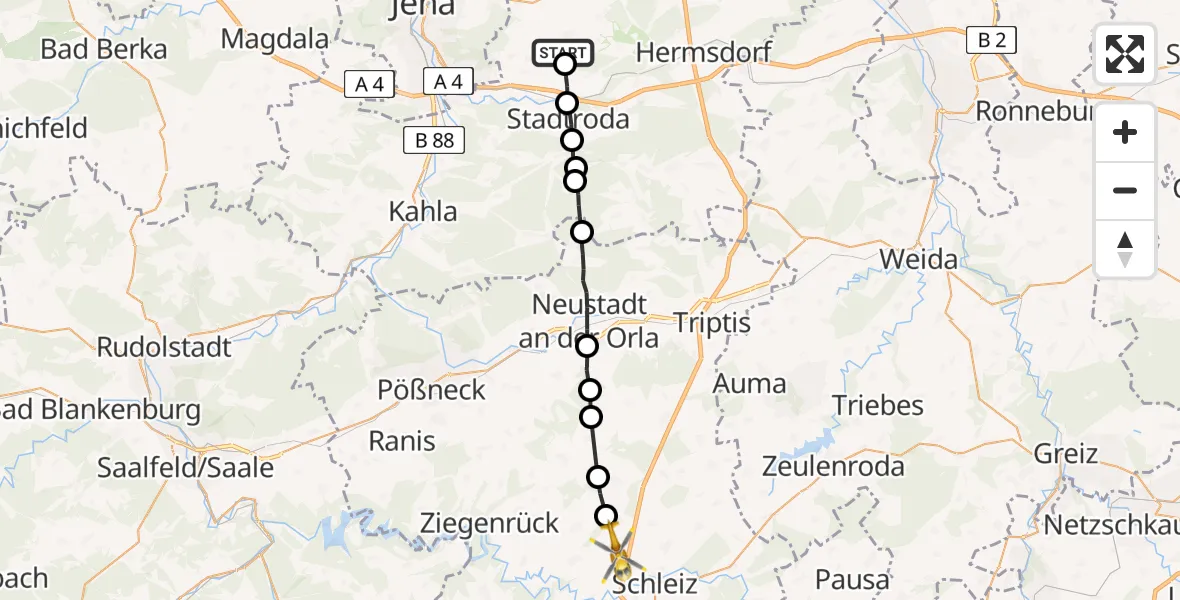 Flugroute Rettungshubschrauber Schöngleina - Neundorf (bei Schleiz), 10 Juni 2026, 17:36