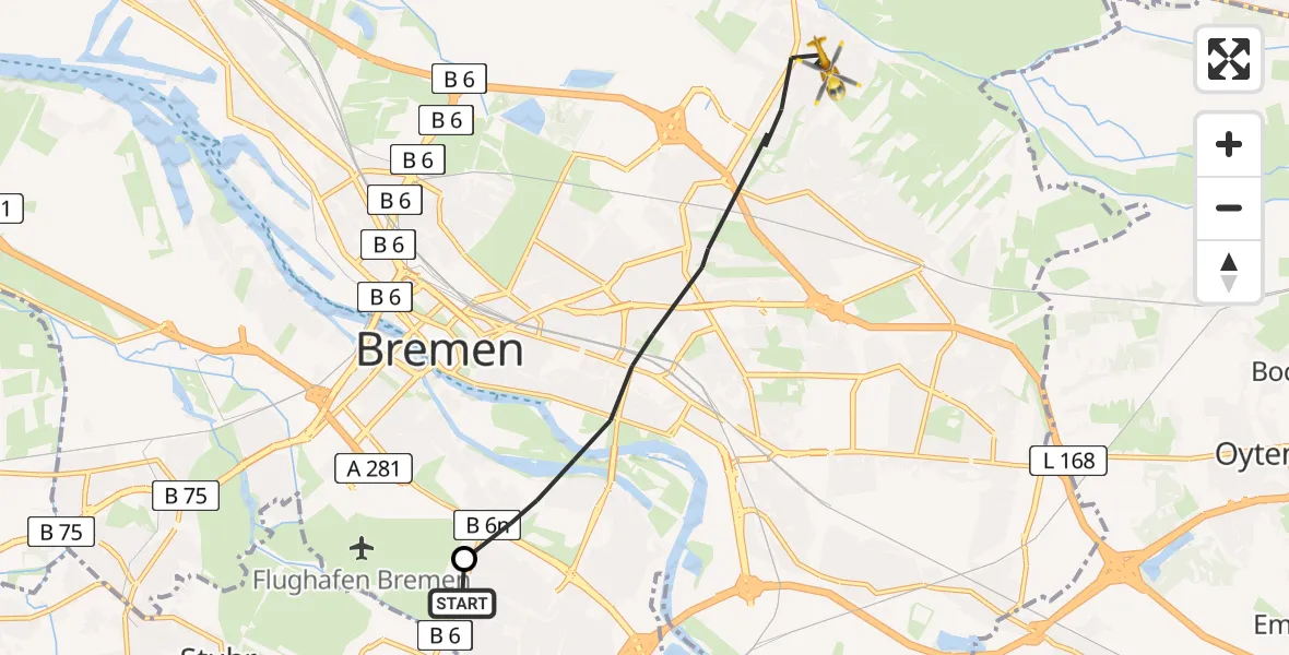 Flugroute Rettungshubschrauber ADAC Air Rescue Station Bremen Hubschrauberlandeplatz (Christoph 6) - Bremen, 10 Juni 2026, 17:36