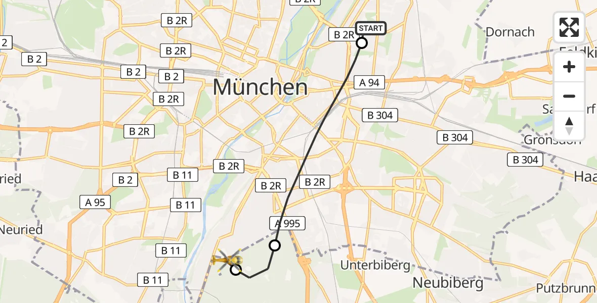 Flugroute Rettungshubschrauber München Bogenhausen Hospital - ADAC Air Rescue Center Hubschrauberlandeplatz (Christoph 1), 10 Juni 2026, 17:37