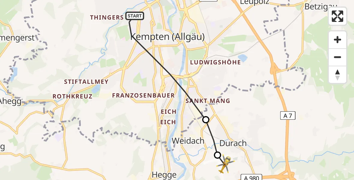 Flugroute Rettungshubschrauber Kempten (Allgäu) - Kempten-Durach Flugplatz, 10 Juni 2026, 17:57