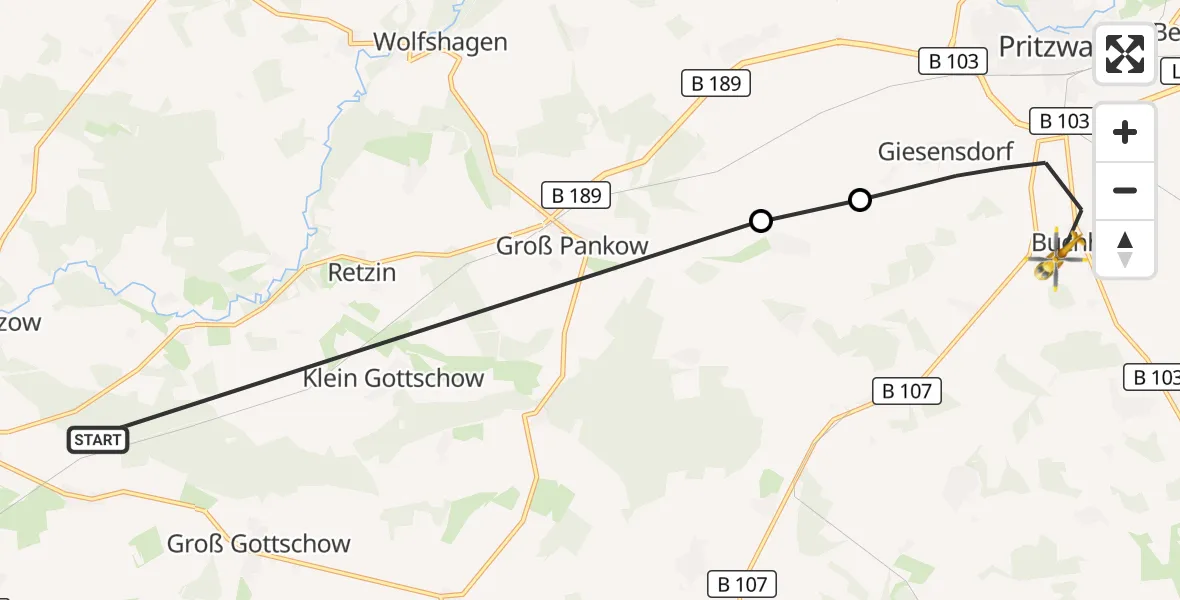 Flugroute Rettungshubschrauber Perleberg - Pritzwalk, 10 Juni 2026, 17:58