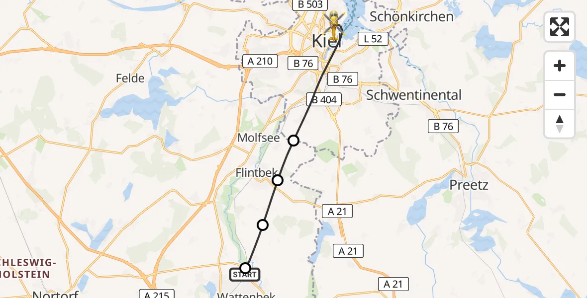 Flugroute Rettungshubschrauber Bordesholm - Kiel, 10 Juni 2026, 18:05