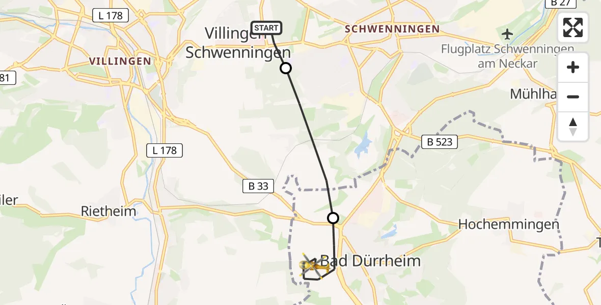 Flugroute Ambulanzhubschrauber DRF Air Rescue Station Villingen-Schwenningen Hubschrauberlandeplatz (Christoph 11) - Bad Dürrheim, 10 Juni 2026, 18:11