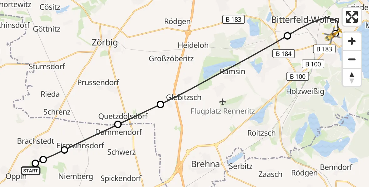 Flugroute Rettungshubschrauber Halle-Oppin Flugplatz - Bitterfield-Wolfen Health Center Hubschrauberlandeplatz, 10 Juni 2026, 18:32