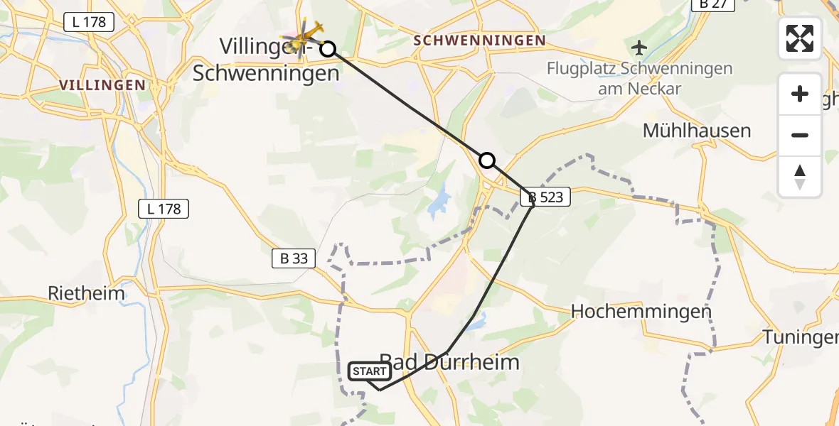 Flugroute Ambulanzhubschrauber Bad Dürrheim - DRF Air Rescue Station Villingen-Schwenningen Hubschrauberlandeplatz (Christoph 11), 10 Juni 2026, 18:35