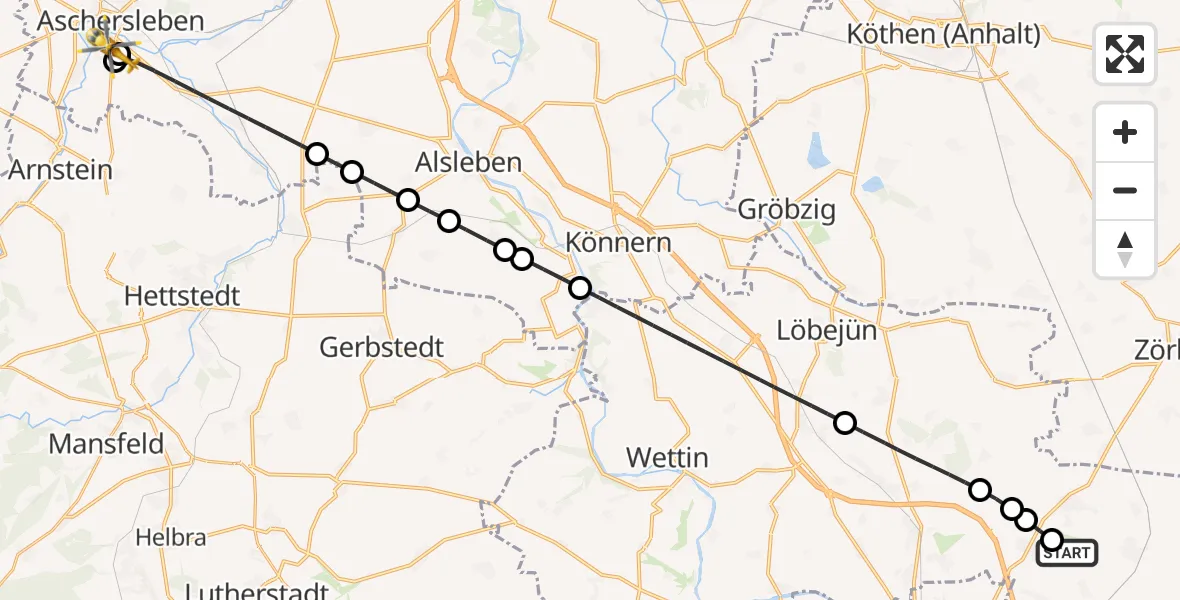 Flugroute Rettungshubschrauber Halle-Oppin Flugplatz - AMEOS Hospital Aschersleben, 10 Juni 2026, 19:03