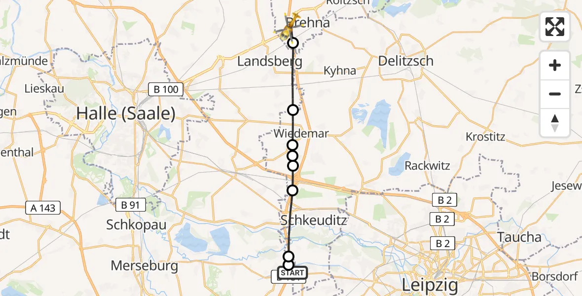 Flugroute Rettungshubschrauber ADAC Air Rescue Station Leipzig/Schkeuditz-Dölzig Hubschrauberlandeplatz (Christoph 61) - Sandersdorf-Brehna, 10 Juni 2026, 19:26