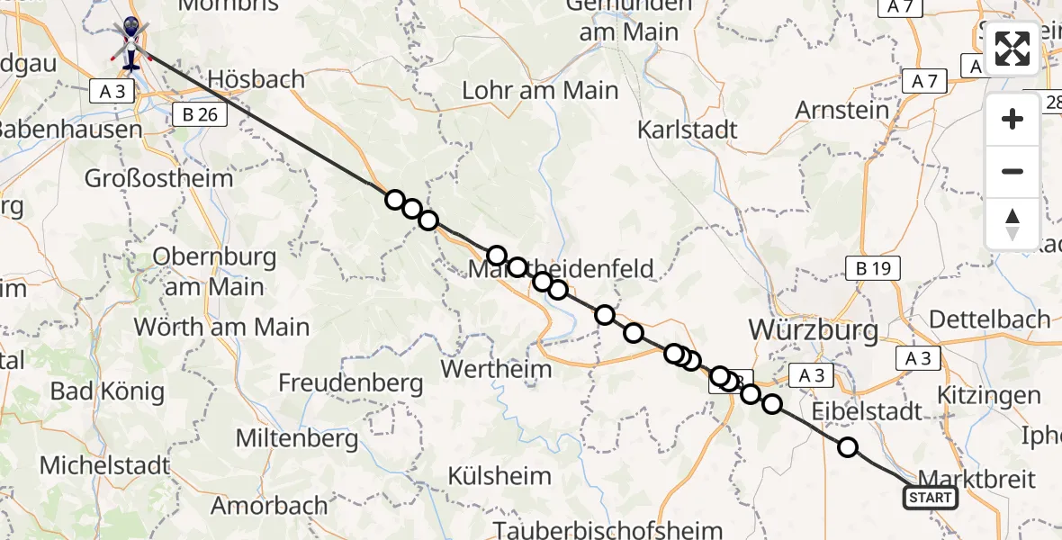 Flugroute Polizeihubschrauber Ochsenfurt - Karlstein a.Main, 10 Juni 2026, 19:30