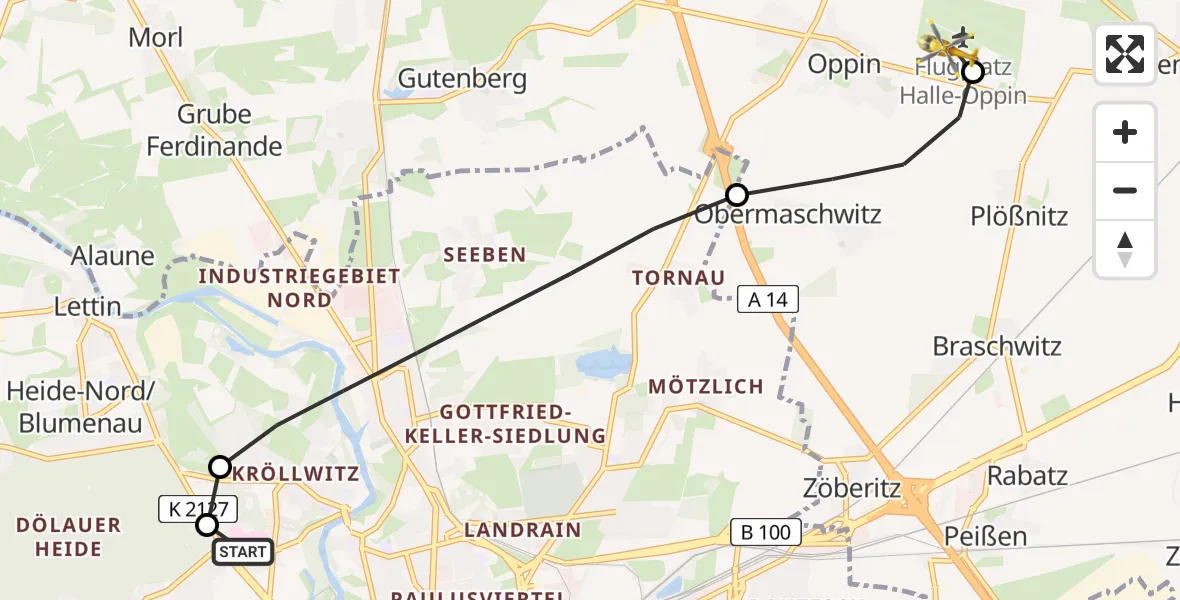 Flugroute Rettungshubschrauber Halle (Saale) University Hospital - Halle-Oppin Flugplatz, 10 Juni 2026, 19:33