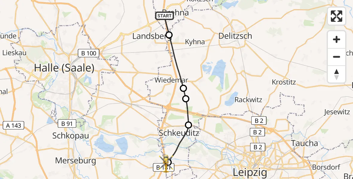 Flugroute Rettungshubschrauber Sandersdorf-Brehna - ADAC Air Rescue Station Leipzig/Schkeuditz-Dölzig Hubschrauberlandeplatz (Christoph 61), 10 Juni 2026, 19:59