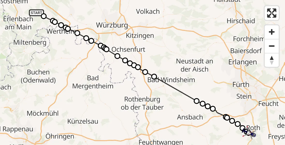 Flugroute Polizeihubschrauber Dammbach - Roth, 10 Juni 2026, 22:18