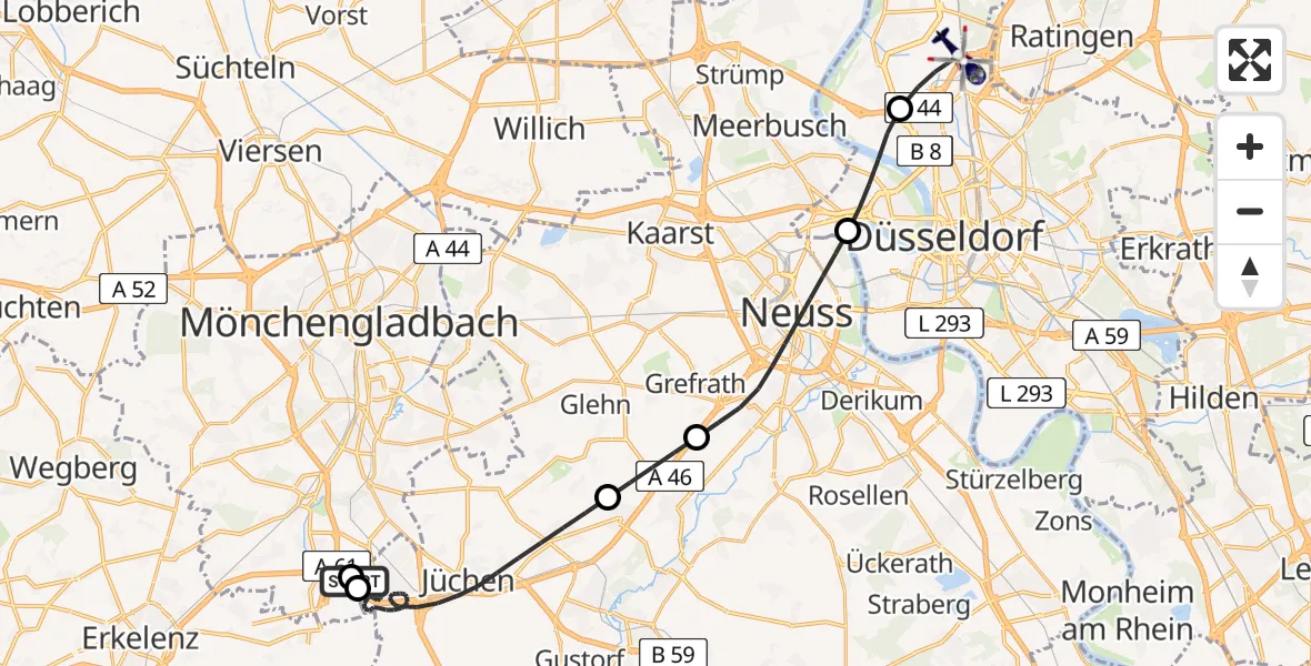 Flugroute Polizeihubschrauber Jüchen - Düsseldorf Flughafen, 11 Juni 2026, 03:08