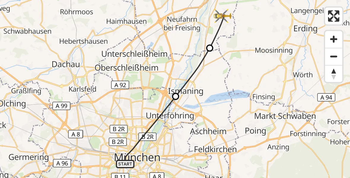 Flugroute Rettungshubschrauber München - Hallbergmoos, 11 Juni 2026, 03:45