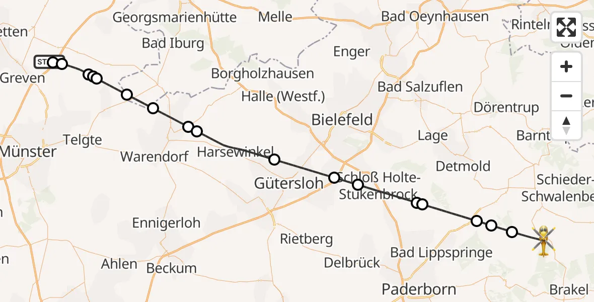 Flugroute Ambulanzhubschrauber Christoph  Westfalen-ADAC - Nieheim, 11 Juni 2026, 03:55