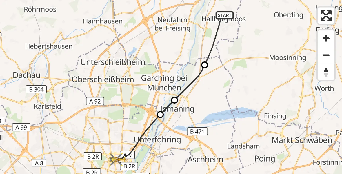 Flugroute Rettungshubschrauber Hallbergmoos - München, 11 Juni 2026, 04:17