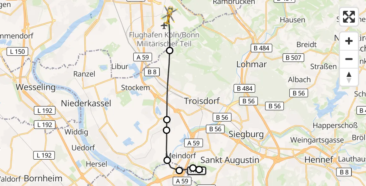 Flugroute Rettungshubschrauber Sankt Augustin - Köln Bonn Flughafen, 11 Juni 2026, 04:30