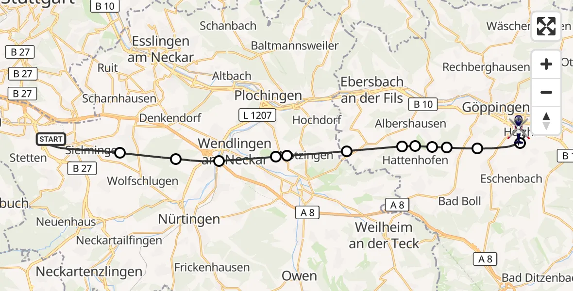 Flugroute Polizeihubschrauber Flughafen Stuttgart - Göppingen, 11 Juni 2026, 05:01