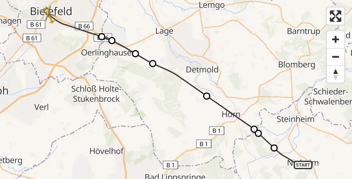 Flugroute Ambulanzhubschrauber Nieheim - Bielefeld, 11 Juni 2026, 05:03