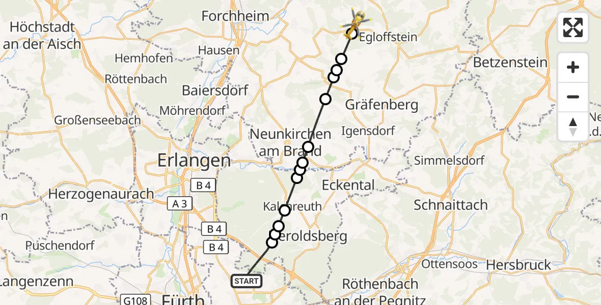 Flugroute Ambulanzhubschrauber Flughafen Nuremberg - Egloffstein, 11 Juni 2026, 05:07