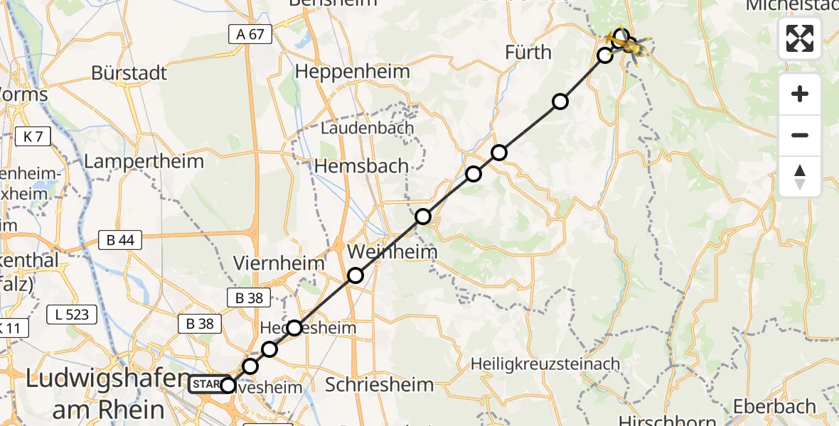 Flugroute Rettungshubschrauber Mannheim-City Flughafen - Reichelsheim (Odenwald), 11 Juni 2026, 05:19
