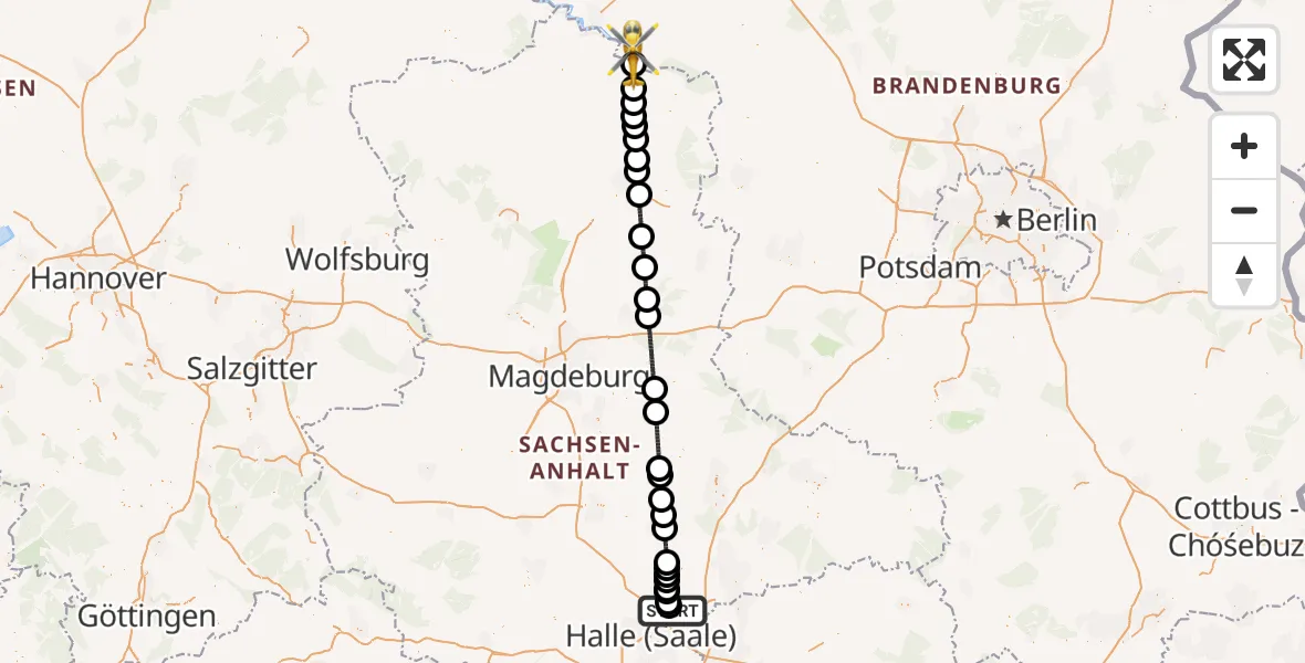 Flugroute Rettungshubschrauber Halle-Oppin Flugplatz - Rühstädt, 11 Juni 2026, 05:27