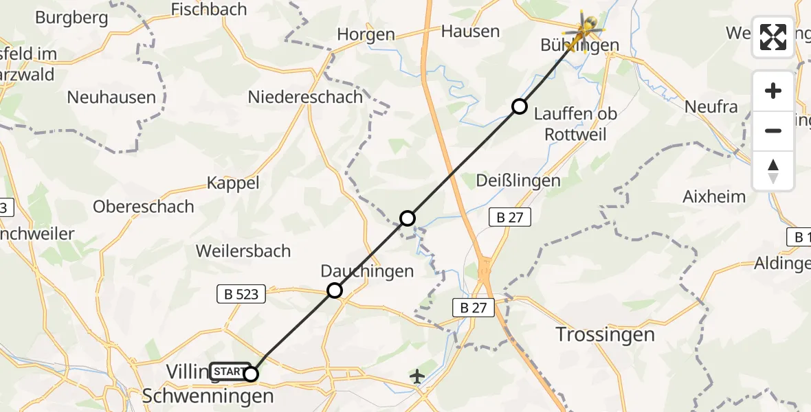 Flugroute Ambulanzhubschrauber DRF Air Rescue Station Villingen-Schwenningen Hubschrauberlandeplatz (Christoph 11) - Rottweil, 11 Juni 2026, 05:47
