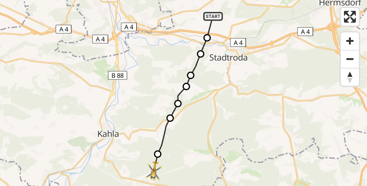 Flugroute Rettungshubschrauber Schlöben - Hummelshain, 11 Juni 2026, 05:55