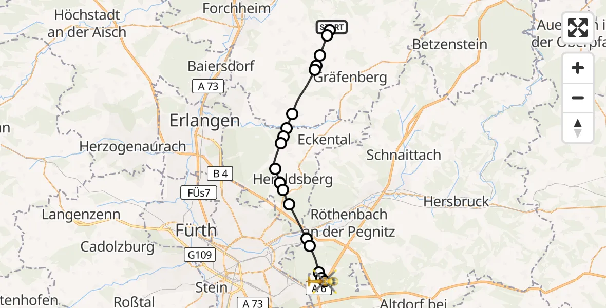 Flugroute Ambulanzhubschrauber Egloffstein - Nürnberg, 11 Juni 2026, 06:09