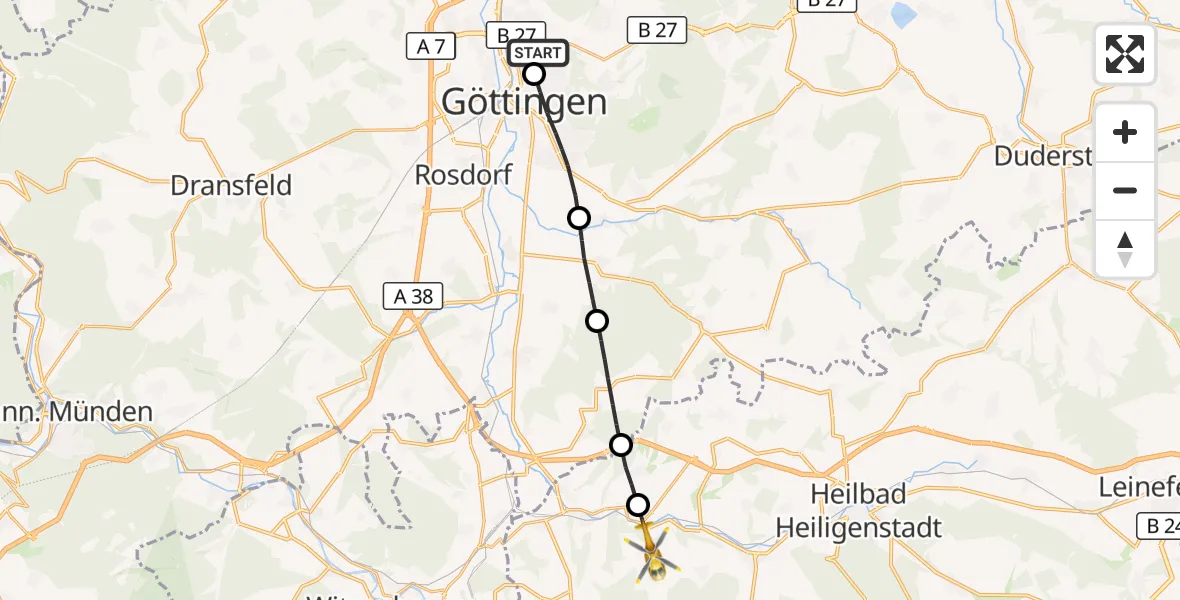 Flugroute Rettungshubschrauber Göttingen University Clinic Hubschrauberlandeplatz - Uder, 11 Juni 2026, 06:14
