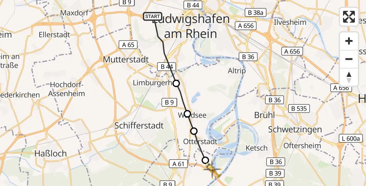 Flugroute Rettungshubschrauber Ludwigshafen am Rhein - Speyer, 11 Juni 2026, 06:15