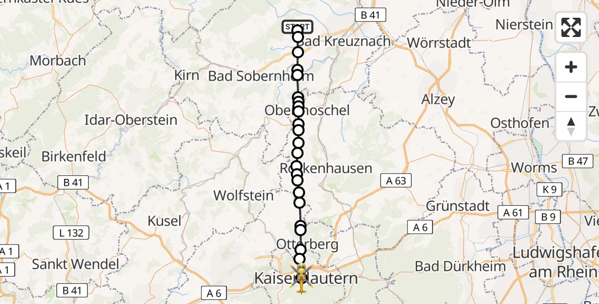 Flugroute Rettungshubschrauber Braunweiler - Westpfalz Hospital Kaiserslautern, 11 Juni 2026, 06:32