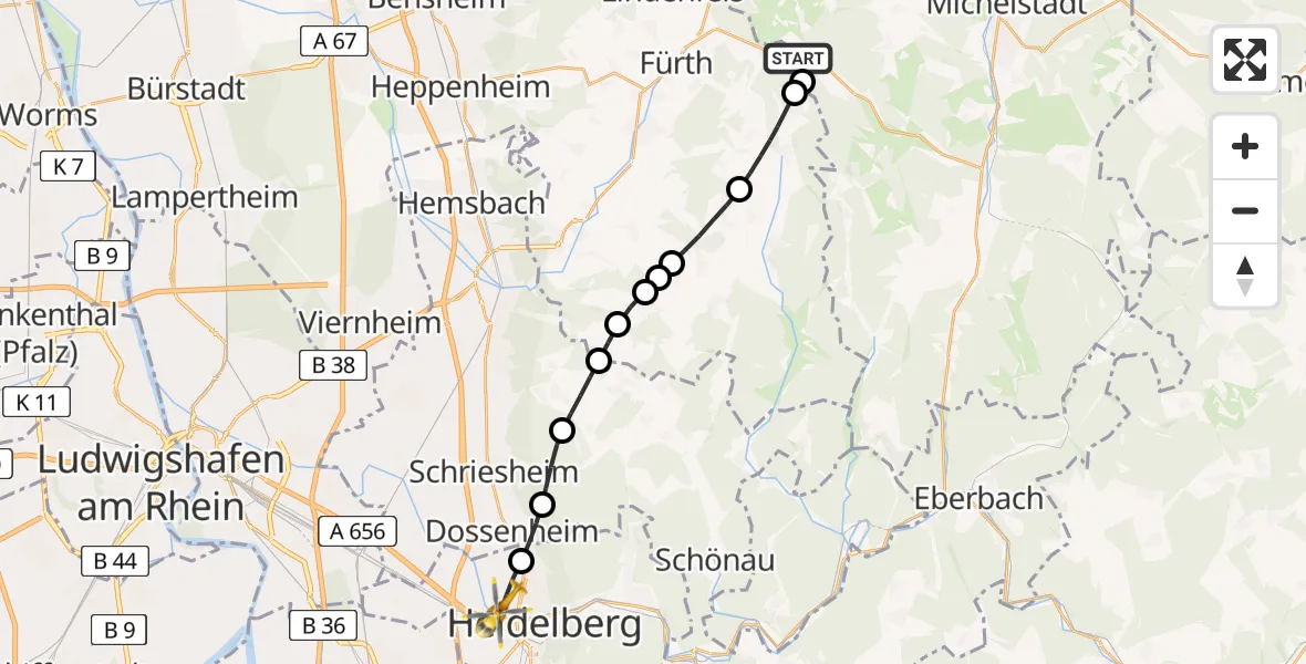Flugroute Rettungshubschrauber Fürth - Heidelberg, 11 Juni 2026, 06:35