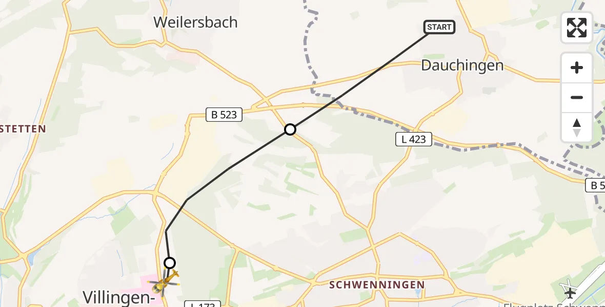 Flugroute Ambulanzhubschrauber Dauchingen - DRF Air Rescue Station Villingen-Schwenningen Hubschrauberlandeplatz (Christoph 11), 11 Juni 2026, 06:38