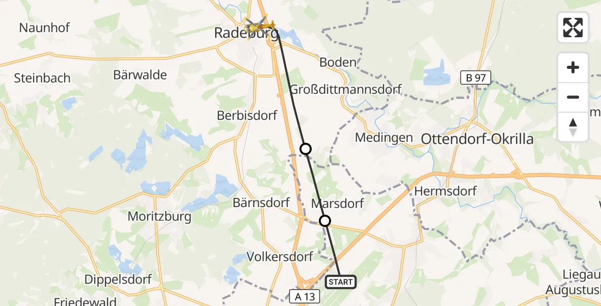 Flugroute Rettungshubschrauber Dresden Flughafen - Radeburg, 11 Juni 2026, 06:39