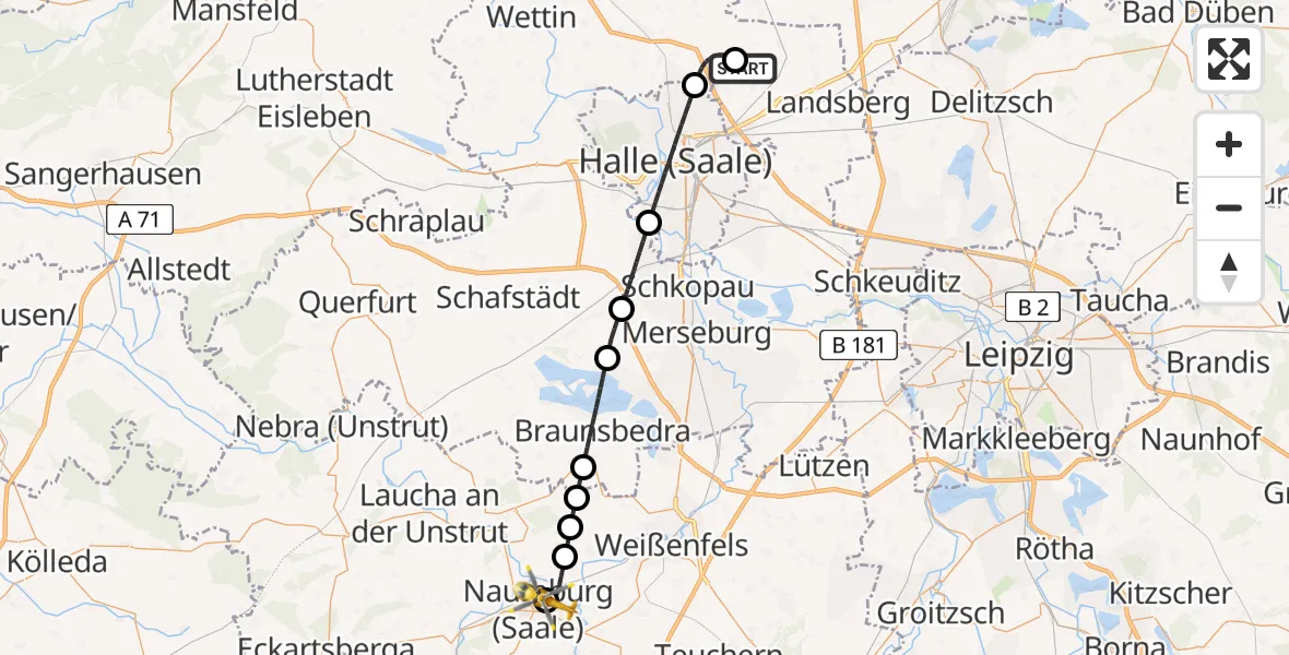 Flugroute Rettungshubschrauber Halle-Oppin Flugplatz - Naumburg Krankenhaus Hubschrauberlandeplatz, 11 Juni 2026, 06:46