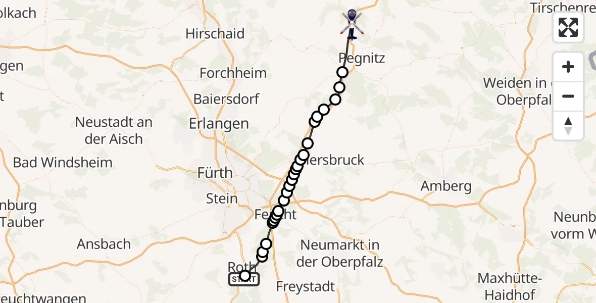 Flugroute Polizeihubschrauber Flugplatz Roth - Creußen, 11 Juni 2026, 06:49