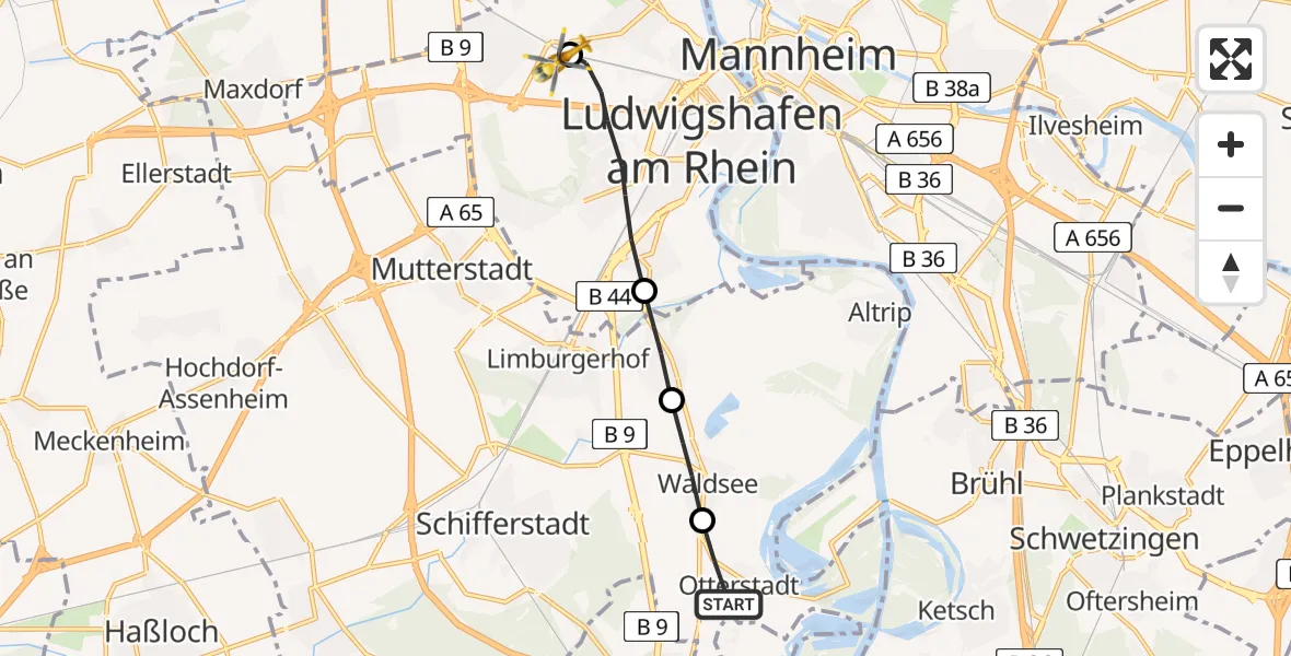 Flugroute Rettungshubschrauber Otterstadt - Ludwigshafen Accident Hospital, 11 Juni 2026, 06:51