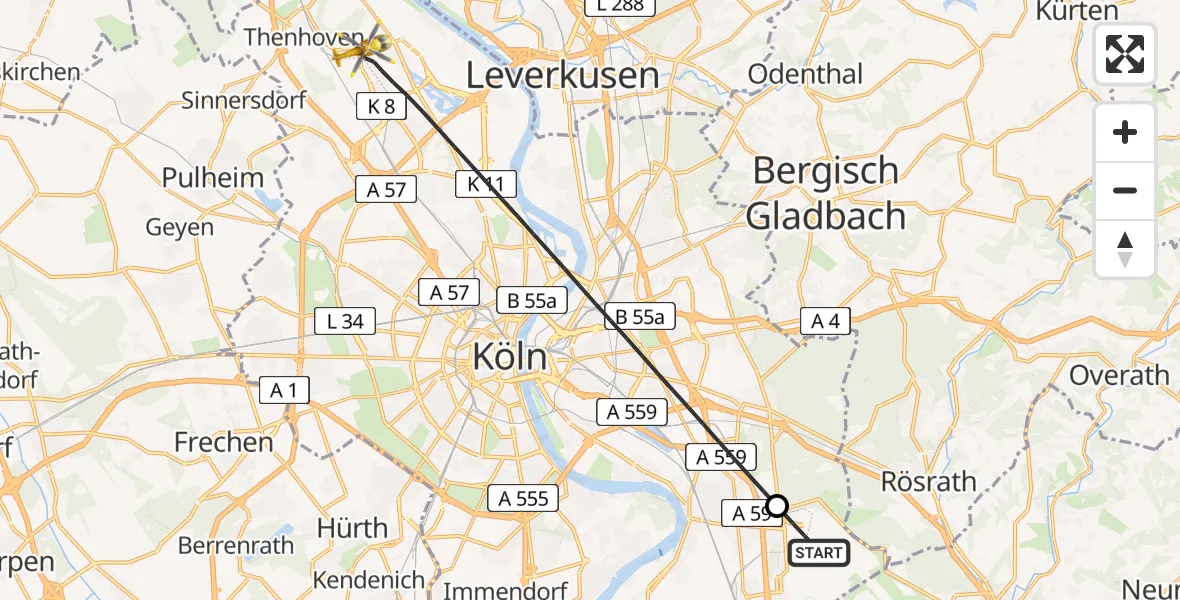 Flugroute Rettungshubschrauber Köln Bonn Flughafen - Köln, 11 Juni 2026, 06:53