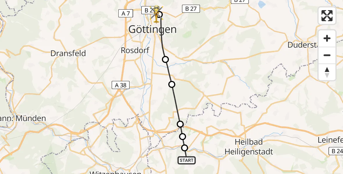 Flugroute Rettungshubschrauber Uder - Göttingen University Clinic Hubschrauberlandeplatz, 11 Juni 2026, 06:55