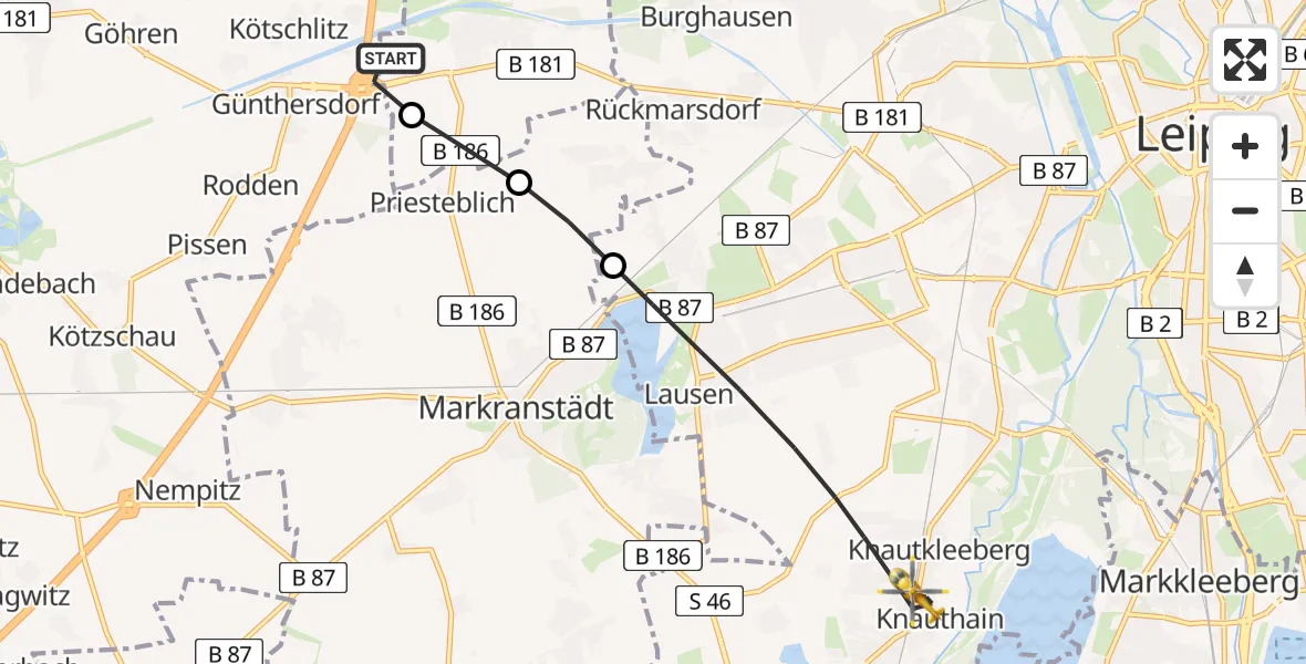 Flugroute Rettungshubschrauber ADAC Air Rescue Station Leipzig/Schkeuditz-Dölzig Hubschrauberlandeplatz (Christoph 61) - Leipzig, 11 Juni 2026, 07:01