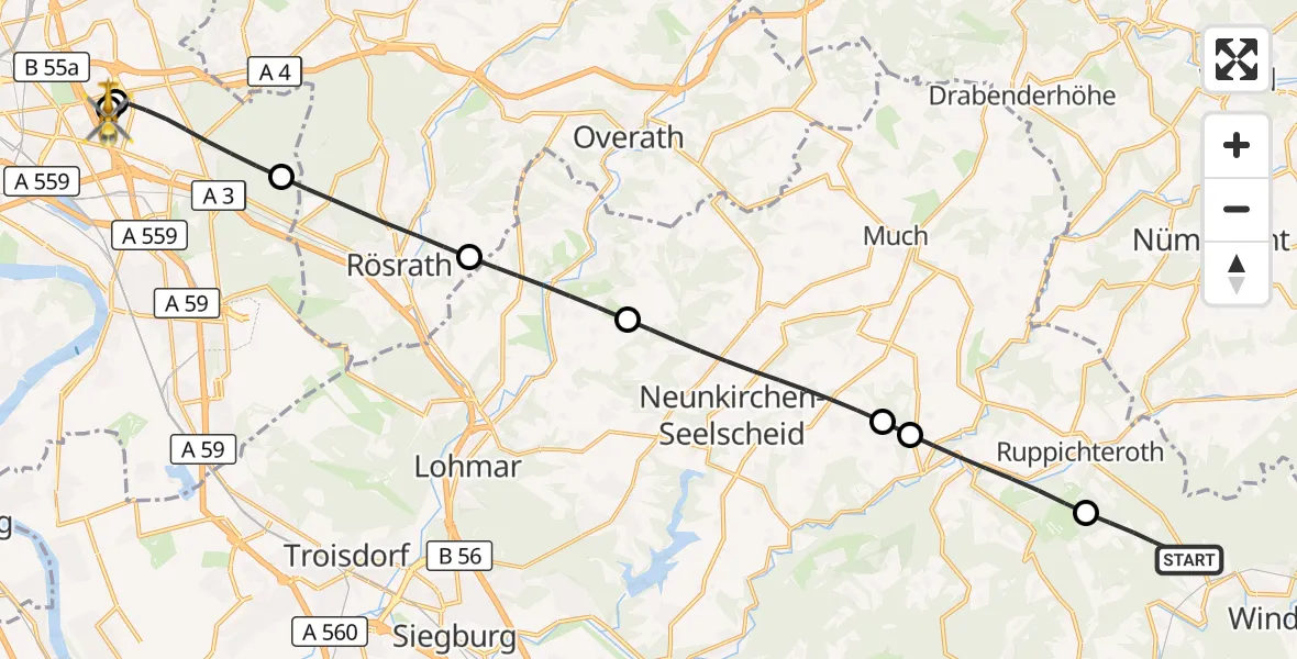 Flugroute Rettungshubschrauber Windeck - Merheim Hospital, 11 Juni 2026, 07:02